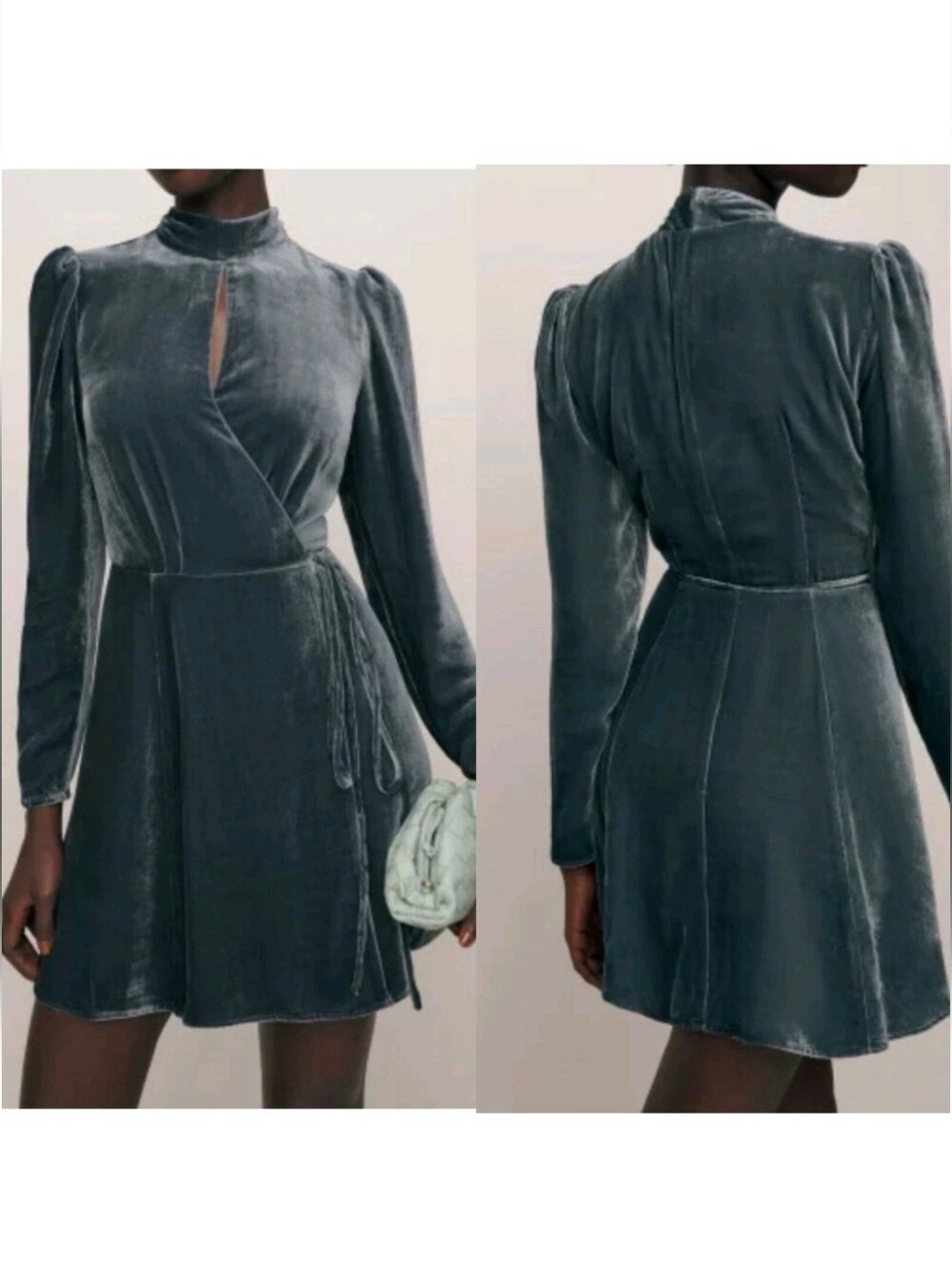 Reformation Ottessa Velvet Mini Wrap Dress, Color Slate, Size M Petite - Picture 2 of 13